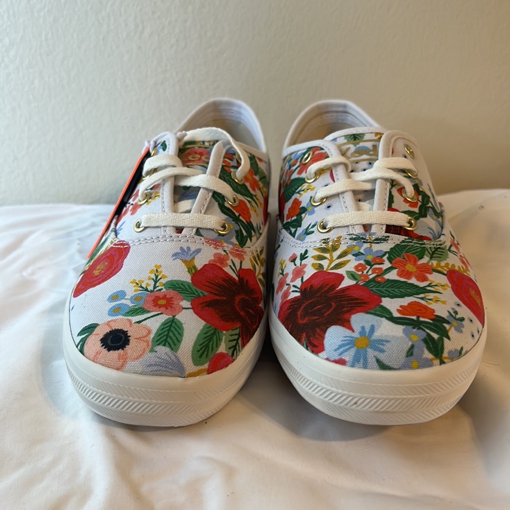 Rifle Paper Co. Collab with Ked, floral print on classic white lace up Keds